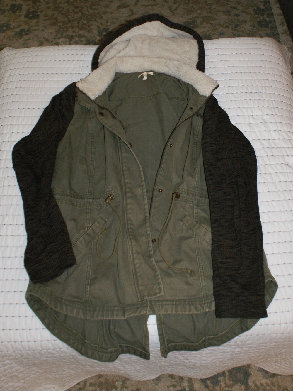 Maurices Olive Green Hooded Jacket with Dark Gray Sleeves